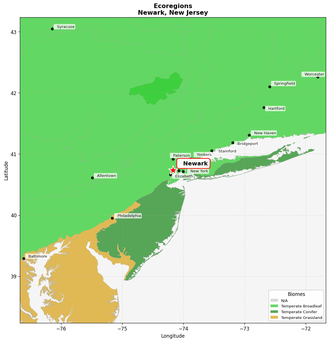 Northeast US Coastal forests Ecoregion Map for Newark, NJ